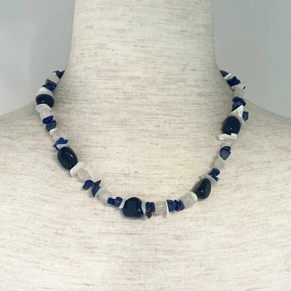 Sterling Silver 925 Sodalite Quartz MOP Blue Goldstone Beaded Necklace 17.5" - Picture 1 of 16